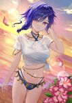  1girl beach belly_chain blue_nails breasts character_request commentary_request copyright_request cowboy_shot dutch_angle flower hand_up head_chain highres jewelry kusunokinawate looking_at_viewer medium_breasts midriff nail_polish navel no_pants pink_flower purple_eyes purple_hair shirt short_hair smile solo standing stomach sunset thighs tied_shirt white_shirt 