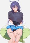  1girl absurdres bare_legs black_shirt blue_archive bottle breasts chinese_commentary commentary covered_nipples feet_out_of_frame halo highres jacket lanyard large_breasts long_hair looking_at_viewer no_bra official_alternate_costume purple_hair rounan58287 shirt sitting skindentation solo star_(symbol) star_sticker sticker_on_face sweat sweaty_clothes thighs track_jacket very_long_hair water_bottle yuuka_(blue_archive) yuuka_(track)_(blue_archive) 