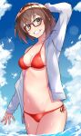  1girl akitoh-shino arm_up bikini bikini_day breasts brown_hair cloud day glasses highres medium_breasts mole mole_under_eye mole_under_mouth ocean original outdoors red-framed_eyewear red_bikini short_hair side-tie_bikini_bottom solo swimsuit wading wet 