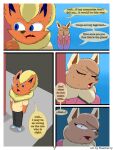  3:4 absurd_res anthro blue_eyes bodily_fluids brown_body brown_eyes brown_fur canid canine clothed clothing comic digital_drawing_(artwork) digital_media_(artwork) eevee eeveelution elizabeth_venizee english_text female flamberry_(artist) flareon franklin_flare fur generation_1_pokemon hair hi_res looking_at_viewer male mammal nintendo number open_mouth orange_body orange_fur pokemon pokemon_(species) simple_background speech_bubble sweat tail tan_body tan_fur text 