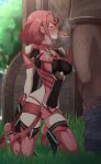  absurdres bangs blush boots breasts closed_eyes covered_navel eruu_(eruuman) fellatio fingerless_gloves gloves highres kneeling large_breasts micro_shorts oral pyra_(xenoblade) red_hair red_shorts saliva sex short_hair shorts skindentation stray_pubic_hair thigh_boots xenoblade_chronicles_(series) xenoblade_chronicles_2 zettai_ryouiki 