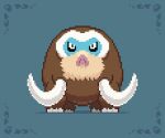  animal_focus black_sclera blue_background blue_border border colored_sclera commentary english_commentary full_body looking_at_viewer mamoswine no_humans pixel_art pokemon pokemon_(creature) simple_background solo standing straight-on tusks white_eyes wisgarus 
