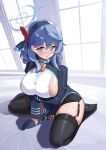  1girl 3: absurdres ako_(blue_archive) arm_support ass bangs bed bed_sheet bell black_gloves blue_archive blue_eyes blue_hair blush breast_hold breasts commentary_request ear_piercing garter_straps gloves hair_between_eyes hairband highres indoors large_breasts long_hair long_sleeves looking_at_viewer neck_bell piercing shuibo sideboob sidelocks sitting solo wariza window 