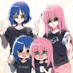  4girls absurdres aqua_eyes artist_name black_shirt blue_hair blush bocchi_the_rock! bottle clothes_writing collarbone cup dark_blue_hair disposable_cup glasses gotoh_hitori hand_on_another&#039;s_shoulder hands_up highres holding holding_bottle holding_cup long_hair long_sleeves looking_at_viewer multiple_girls open_mouth pink_hair pink_shorts pleated_skirt shigure_(sigre) shirt short_hair shorts simple_background skirt standing star-shaped_eyewear sweat sweatdrop t-shirt tongue twitter_username v water_bottle white_skirt yamada_ryo yellow_eyes 
