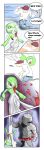  absurd_res armor blood bodily_fluids clothed clothing comic female gardevoir generation_3_pokemon group hi_res human humanoid humor knight male male/female mammal nintendo noconcession not_furry pokeball pokeball_clothing pokemon pokemon_(species) speech_bubble trio warrior weapon 