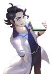  1boy :d augustine_sycamore belt black_hair black_pants book coat collared_shirt commentary_request curly_hair facial_hair grey_eyes hand_in_pocket holding holding_book im_i_masa labcoat male_focus open_clothes open_coat open_mouth pants pokemon pokemon_(game) pokemon_xy shirt simple_background smile solo standing teeth twitter_username upper_teeth_only watch watermark white_background white_coat wristwatch yellow_belt 