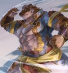  clenched_teeth fist grey_background hi_res lin_hu lindong lunge male nekojishi pecs serious_face simple_background solo studio_klondike teeth wind 