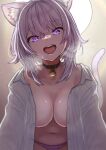  1girl @-you_(you_2023_8_16) ahoge animal_ear_fluff animal_ears black_collar breasts breasts_day cat_ears cat_girl cat_tail collar good_breasts_day highres hololive large_breasts looking_at_viewer medium_hair naked_shirt navel nekomata_okayu nekomata_okayu_(4th_costume) official_alternate_costume open_clothes open_mouth open_shirt purple_eyes purple_hair shirt smile solo tail virtual_youtuber white_shirt 