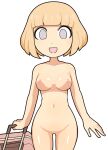  1girl :d bar_censor blonde_hair blunt_bangs bob_cut breasts breasts_apart censored commentary_request completely_nude cowboy_shot empty_eyes grey_eyes hospital_king looking_at_viewer medium_breasts naruse_yuu navel nipples no_pussy nude open_mouth rolling_suitcase shiny_skin simple_background smile solo suitcase watashi_ga_motenai_no_wa_dou_kangaetemo_omaera_ga_warui! white_background 