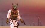  anthro apocalypse bandanna belt beol blood bodily_fluids bulletproof_vest canid canine canis clothing fire gloves gun handgun handwear harness hi_res jumpsuit kerchief looking_at_viewer mammal marsonaut pistol ranged_weapon red_sky revolver science_fiction shocked shocked_expression short sky solo speedpaint story topwear tower vest weapon wolf 