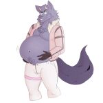  anthro bathym belly blue_eyes body_hair chest_tuft clothed clothing coat demon fur gloves handwear happy_trail hi_res holding_belly horn lichinthesystem lifewonders male navel open_clothing open_coat open_topwear overweight overweight_male pecs pink_clothing pink_coat pink_topwear purple_body purple_fur solo tokyo_afterschool_summoners topwear tuft unbuttoned_pants winter_coat 