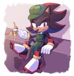  angiethecat apron black_fur cabbie_hat frown furry furry_male gloves green_apron green_headwear hat hedgehog_ears highres holding holding_key key keyring looking_to_the_side multicolored_fur red_eyes red_fur shadow_the_hedgehog sitting sonic_(series) the_murder_of_sonic_the_hedgehog white_gloves 