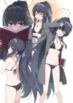  1girl ass bags_under_eyes bare_shoulders bikini black_bikini black_hair blue_archive blush book breasts cardigan covering_face cowboy_shot cup grey_cardigan hairband halo halterneck highres holding holding_book holding_cup jacket jewelry long_hair looking_at_viewer miso_(misomiso_154) multiple_views navel necklace o-ring o-ring_bikini o-ring_top official_alternate_costume open_cardigan open_clothes open_mouth ponytail purple_hairband simple_background small_breasts smile standing stomach string_bikini swimsuit ui_(blue_archive) ui_(swimsuit)_(blue_archive) very_long_hair yellow_halo 