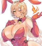  1girl animal_ears bare_shoulders bell blonde_hair blush breasts cleavage elbow_gloves fake_animal_ears fire gloves grin hair_ornament heart heart_hair_ornament highleg highleg_leotard highres jingle_bell large_breasts leotard long_hair looking_at_viewer nijisanji nui_sociere one_eye_closed playboy_bunny rabbit_ears rabbit_tail red_gloves red_leotard smile solo tail wakura_(gcdan) yellow_eyes 