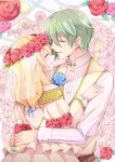  1boy 1girl alice_(rune_factory) back_cutout blonde_hair blue_flower blue_rose blush bridal_veil closed_eyes clothing_cutout commentary_request copyright_name dress floral_background flower formal green_hair hair_flower hair_ornament hand_on_another&#039;s_back hand_on_another&#039;s_chest head_wreath hetero jacket leaf long_hair long_sleeves martin_(rune_factory) mini_mamu pink_flower pink_rose red_flower red_rose rose rune_factory rune_factory_5 short_hair smile suit veil wedding_dress white_dress white_jacket 