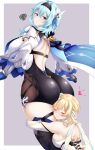  2girls absurdres ass back blonde_hair blue_hair breasts curvy eula_(genshin_impact) genshin_impact hair_ornament highres large_breasts long_sleeves looking_back lumine_(genshin_impact) mee_don multiple_girls short_hair thick_thighs thighhighs thighs wide_hips 