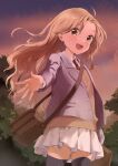  1girl ahoge bag blonde_hair blush carrying_bag cloud cloudy_sky commentary_request cowboy_shot curly_hair holding holding_bag jacket long_hair looking_at_viewer necktie open_clothes open_jacket open_mouth orange_sweater_vest original outstretched_arm red_necktie shoulder_strap skirt sky smile solo sweater_vest teeth tree twilight uniform unya_(unya-unya) upper_teeth_only white_skirt yellow_eyes zettai_ryouiki 