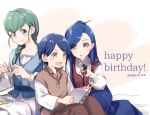  1boy 2girls :o artist_name blue_hair blue_skirt braid child dated finger_puppet green_hair hair_ornament hair_stick happy_birthday highres honzuki_no_gekokujou long_hair long_sleeves maine_(honzuki_no_gekokujou) multiple_girls puppet san+ sewing simple_background sitting skirt smile tuuli_(honzuki_no_gekokujou) white_skirt 