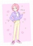  1boy belt border ensemble_stars! full_body green_belt happypuppy_guu heart highres jacket jewelry long_sleeves looking_at_viewer male_focus multicolored_background multicolored_shirt necklace oukawa_kohaku pants pink_background pink_footwear pink_hair pink_shirt purple_eyes purple_jacket shirt shoes short_hair solo star_(symbol) white_border white_shirt yellow_pants 