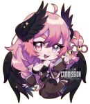  1girl ahoge bell blush breasts chibi cleavage commission cookie_hana hair_bell hair_ornament highres large_breasts long_sleeves open_mouth original pink_eyes pink_hair smile solo teeth thick_eyebrows upper_teeth_only wings 