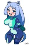  1girl :d absurdres arms_behind_back artist_name blue_bodysuit blue_eyes blue_hair blush bodysuit boku_no_hero_academia breasts commentary_request dated drill_hair green_bodysuit hadou_nejire hair_horns highres light_blue_hair long_hair maydaykiki medium_breasts multicolored_bodysuit multicolored_clothes narrow_waist simple_background skin_tight smile solo teeth upper_teeth_only very_long_hair white_background 