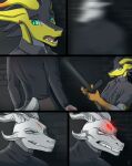  3_eyes absurd_res angry anthro bloody_d blurred_character blurred_vision clenched_teeth clothed clothing comic dragon duo ear_piercing eye_contact female fully_clothed glowing glowing_eyes green_eyes grey_eyes grey_horn grin hi_res holding_object holding_weapon horn kobold looking_at_another male multi_eye open_mouth piercing police_baton red_eyes saren_(saren662) scared security security_guard shocked smile teeth tidko weapon white_body yellow_body 