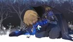  1boy black_coat black_gloves black_pants blonde_hair blue_eyes coat dainsleif_(genshin_impact) genshin_impact gloves kk_(kkgame7733) kneeling male_focus pants short_hair snow solo 