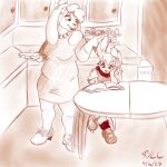  anthro book clothing curled_hair dolly_khan_(rubyyoulazycat) duo female footwear hair hi_res jestal_orccio_(dynamitegrizzly) kitchen lagomorph leporid mammal mary_janes monochrome rabbit reading rubyyoulazycat sepia shoes 