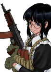  1girl absurdres aks-74u apron assault_rifle black_dress black_hair blue_eyes dress glasses gloves green_gloves gun highres kalashnikov_rifle looking_at_viewer maid mardjan original rifle short_hair sketch smile solo tactical_maid trigger_discipline unconventional_maid weapon white_apron white_background 