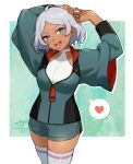  1girl :d ahoge aizaki_b arms_behind_head arms_up asticassia_school_uniform border commentary_request cowboy_shot dark-skinned_female dark_skin green_background green_eyes green_jacket green_shorts grey_hair gundam gundam_suisei_no_majo heart highres interlocked_fingers jacket looking_at_viewer open_mouth outside_border partially_unzipped school_uniform secelia_dote short_hair short_shorts shorts signature skindentation smile solo spoken_heart standing teeth thighhighs tongue tongue_out twitter_username upper_teeth_only white_border white_thighhighs 