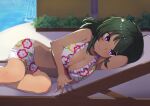  1girl armpits beach_chair bikini blurry blurry_background blush breasts cleavage dark-skinned_female dark_skin feet_out_of_frame floral_print frilled_bikini frills green_eyes highres idolmaster idolmaster_cinderella_girls knightsaru large_breasts looking_at_viewer lying natalia_(idolmaster) on_side outdoors purple_eyes smile solo swimsuit 