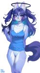  2023 alternate_species anthro aruurara blue_archive blue_clothing blue_eyes blue_shirt blue_tank_top blue_topwear blush breasts canid canine canis cellphone cleavage clothed clothing female fur furrification grey_body grey_fur hair halo hi_res inner_ear_fluff kemono looking_at_viewer mammal multicolored_body multicolored_fur panties phone purple_hair shirt smartphone solo tank_top topwear tuft twintails_(hairstyle) two_tone_body two_tone_fur underwear wolf yuuka_hayase 