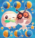  animal_focus artist_name bird black_eyes blue_background bow bowtie colored_sclera commentary_request crescent_moon eyelashes green_bow green_bowtie hanabusaoekaki highres hoothoot moon no_humans one_eye_closed owl pokemon pokemon_(creature) red_sclera rowlet solid_oval_eyes species_connection star_(symbol) talons 