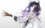  1boy bandaged_head bandages black_shirt brown_gloves claws coat erm_(doubledream) from_side gloves granblue_fantasy hair_over_one_eye highres lab_coat long_hair looking_ahead male_focus open_clothes open_coat orologia_(male) outstretched_hand parted_lips profile purple_eyes purple_hair shirt signature simple_background solo upper_body white_background white_coat 