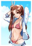  bikini breasts brown_eyes brown_hair cloud cloudy_sky girls_und_panzer hair_ribbon highres jacket kadotani_anzu light_smile long_hair navel nishi_itsumi open_clothes open_jacket pants parted_bangs ribbon sky small_breasts stomach stomach_day striped striped_bikini swimsuit twintails v white_jacket 