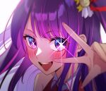  1girl :d blue_eyes blush collared_dress commentary dress english_commentary gradient_eyes hair_ornament hair_ribbon highres hoshino_ai_(oshi_no_ko) idol long_hair looking_at_viewer multicolored_eyes nokmaaa one_side_up open_mouth oshi_no_ko portrait purple_eyes purple_hair rabbit_hair_ornament red_dress red_ribbon ribbon sidelocks sleeveless sleeveless_dress smile solo star-shaped_pupils star_(symbol) star_hair_ornament symbol-shaped_pupils teeth upper_teeth_only w w_over_eye 