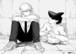  2boys beam_(chainsaw_man) black_hair chainsaw_man collared_shirt denji_(chainsaw_man) facing_another greyscale highres looking_at_viewer monochrome multiple_boys necktie nenashibito shark_boy shirt short_hair sitting sleeves_rolled_up smile topless_male 