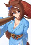  1girl absurdres animal_ears blue_bow blue_eyes blue_kimono bow braid breasts brown_hair cleavage collarbone from_above hair_between_eyes hair_bow hand_fan highres holding holding_fan horse_ears horse_girl horseshoe_ornament horseshoe_print hukahito japanese_clothes kimono large_breasts long_hair looking_at_viewer obi orange_bow robe sash simple_background smile solo super_creek_(umamusume) tracen_ondo_outfit_(umamusume) umamusume very_long_hair white_background yellow_robe yukata 