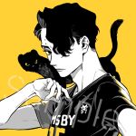  1boy 3_upin animal animal_on_shoulder arm_up black_hair closed_mouth ferret greyscale haikyuu!! hair_over_one_eye looking_at_viewer male_focus monochrome multiple_moles sakusa_kiyoomi short_hair simple_background solo sportswear tail upper_body volleyball_uniform yellow_background yellow_eyes 