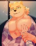  anthro asian_clothing bear bone_color919 cigarette clothing duo east_asian_clothing eyewear fur glasses grope hi_res human japanese_clothing kimono leib_(tas) lifewonders male mammal pec_grope pecs polar_bear smoking smug tokyo_afterschool_summoners ursine white_body white_fur 