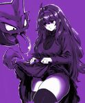  1girl artist_name clothes_lift dress dress_lift hairband haunter hex_maniac_(pokemon) highres long_hair missfaves monochrome open_mouth panties pokemon pokemon_(creature) pokemon_(game) pokemon_xy purple_background purple_dress purple_hairband purple_panties purple_theme purple_thighhighs simple_background thick_thighs thighhighs thighs tongue tongue_out underwear 