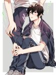  2boys black_eyes black_hair blush border given grey_background hand_on_another&#039;s_head head_out_of_frame headpat highres jacket jacket_on_shoulders kaji_akihiko male_focus messy_hair motion_lines multiple_boys murata_ugetsu open_mouth pinoli_(pinoli66) shirt track_suit translation_request white_border white_shirt yaoi 