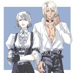  1boy 1girl ace_attorney arm_belt ascot belt black_belt black_choker black_collar black_gloves black_pants blonde_hair blue_background blue_eyes blue_gemstone blue_hair border brooch buttons choker closed_mouth collar collared_shirt cowboy_shot earrings franziska_von_karma gem gloves hair_between_eyes hand_in_own_hair hand_on_own_thigh highres jewelry klavier_gavin long_hair looking_at_viewer multiple_belts multiple_rings o-ring o-ring_choker o-ring_collar o-ring_thigh_strap open_collar outside_border own_hands_together pants partially_unbuttoned puffy_sleeves ring shao_ro shirt short_hair sleeve_garter smile suspenders swept_bangs thigh_strap white_ascot white_border white_shirt 