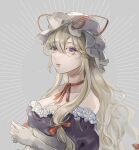  1girl blonde_hair breasts cleavage collarbone dress elbow_gloves gloves grey_background hair_between_eyes hat large_breasts long_hair mob_cap open_mouth poteimo_(poteimo622) purple_dress purple_eyes simple_background solo touhou upper_body white_gloves white_headwear yakumo_yukari 