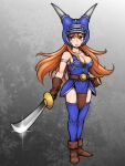  1girl armlet armor bare_shoulders belt black_panties blue_armor breasts brown_eyes brown_gloves brown_hair cleavage daisy_(dq) destoroy dragon_quest dragon_quest_yuusha_abel_densetsu fake_horns full_body gloves helmet horned_helmet horns long_hair looking_at_viewer panties solo sword thighhighs underwear weapon 