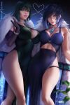  2girls alternate_costume bangs black_gloves black_hair blue_dress blue_hair bracelet breasts cleavage covered_navel crossover dark_green_hair dated diagonal_bangs dice dress ear_piercing elbow_gloves english_commentary evening_gown fubuki_(one-punch_man) genshin_impact gloves gradient_hair green_dress green_eyes heart jewelry large_breasts laura_post lips looking_at_viewer mole mole_on_breast multicolored_hair multiple_girls neck_tassel necklace night night_sky olchas one-punch_man paid_reward_available parted_lips patreon_username pearl_bracelet pearl_necklace piercing short_hair side_slit sky smile star_(sky) starry_sky thigh_strap thighs voice_actor_connection yelan_(genshin_impact) 