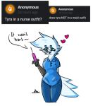  anthro arathemacaw ask_blog avian bird blue_body blue_clothing blue_eyes bubo_(genus) clothing english_text female flirting looking_at_viewer nurse nurse_clothing owl question snowy_owl solo syringe text true_owl tyra_(arathemacaw) 