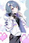  1girl absurdres blue_hair headphones headphones_around_neck heart highres hood hooded_jacket jacket koshimizu_toru koshimizu_toru_(1st_costume) looking_at_viewer nijisanji open_clothes open_jacket parted_lips purple_eyes purple_nails r_t9vt short_hair solo triangle_hair_ornament virtual_youtuber white_jacket 