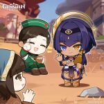 1boy 2girls :d ^_^ absurdres bangs black_hairband blue_sky blunt_bangs blurry blurry_background boots brown_eyes brown_footwear brown_hair building candace_(genshin_impact) chibi closed_eyes closed_mouth commentary company_name copyright_name dark-skinned_female dark_skin day desert egyptian_clothes english_commentary eye_of_horus genshin_impact green_headwear green_jacket green_pants hair_between_eyes hairband hand_up hat heterochromia highres jacket jewelry long_sleeves looking_at_another medium_hair multiple_girls neck_ring official_art on_ground open_mouth outdoors pants parted_bangs pelvic_curtain plant purple_eyes purple_hair rock sand sandals short_hair short_hair_with_long_locks sidelocks sitting sky smile standing sweat swept_bangs watermark waving yellow_eyes 
