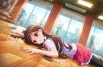  1girl :o air_conditioner antenna_hair black_leggings blue_sky bottle brown_hair building clothing_cutout dutch_angle empty_eyes exhausted feet_out_of_frame fluorescent_lamp game_cg giving_up_the_ghost hair_ornament hairpin hitodama idolmaster idolmaster_cinderella_girls idolmaster_cinderella_girls_starlight_stage indoors lamp leggings leggings_under_shorts light_rays long_hair looking_afar lying official_art on_floor on_stomach open_mouth plant potted_plant red_skirt ringorou_(idolmaster) shaded_face shorts shoulder_cutout skirt sky solo sunlight tree tsujino_akari very_long_hair water_bottle wooden_floor 